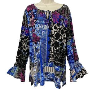 Susan Graver Liquid Knit Tunic Top Large Blue Floral Patchwork Bell Sleeve Boho